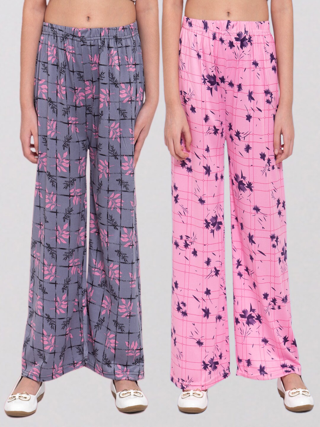 

KLOTTHE Girls Grey & Pink Pack Of 2 Floral Printed Palazzos