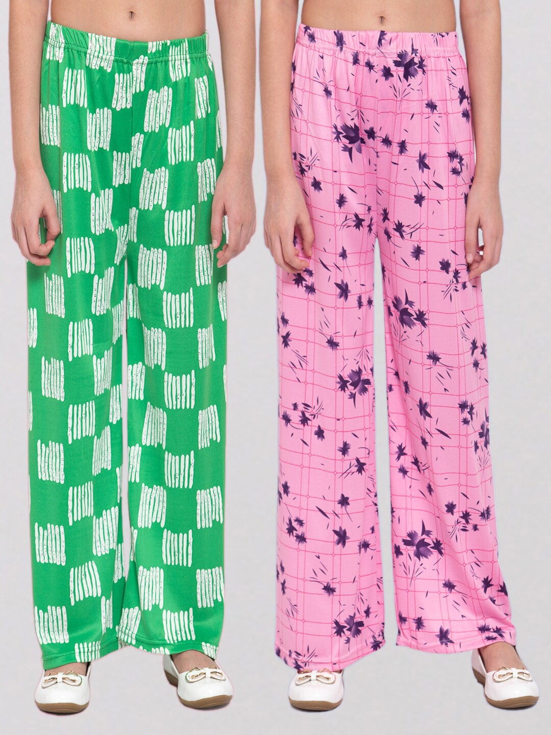 

KLOTTHE Girls Pack of 2 Pink & Green Printed Wide Leg Palazzos