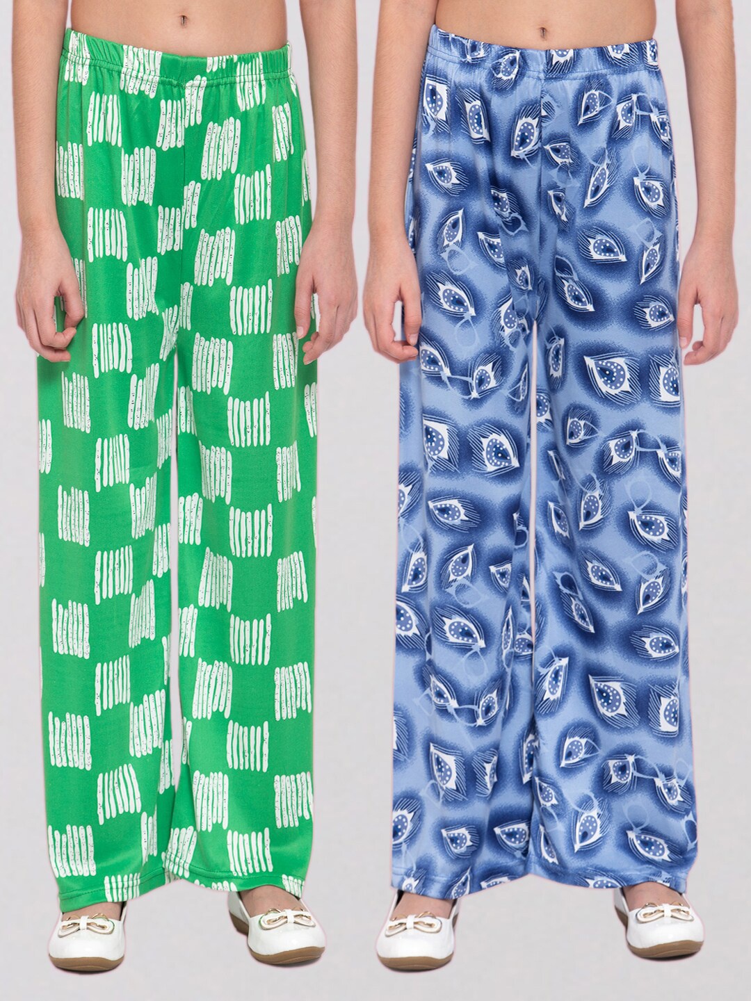 

KLOTTHE Girls Pack of 2 Blue & Green Printed Wide Leg Palazzos