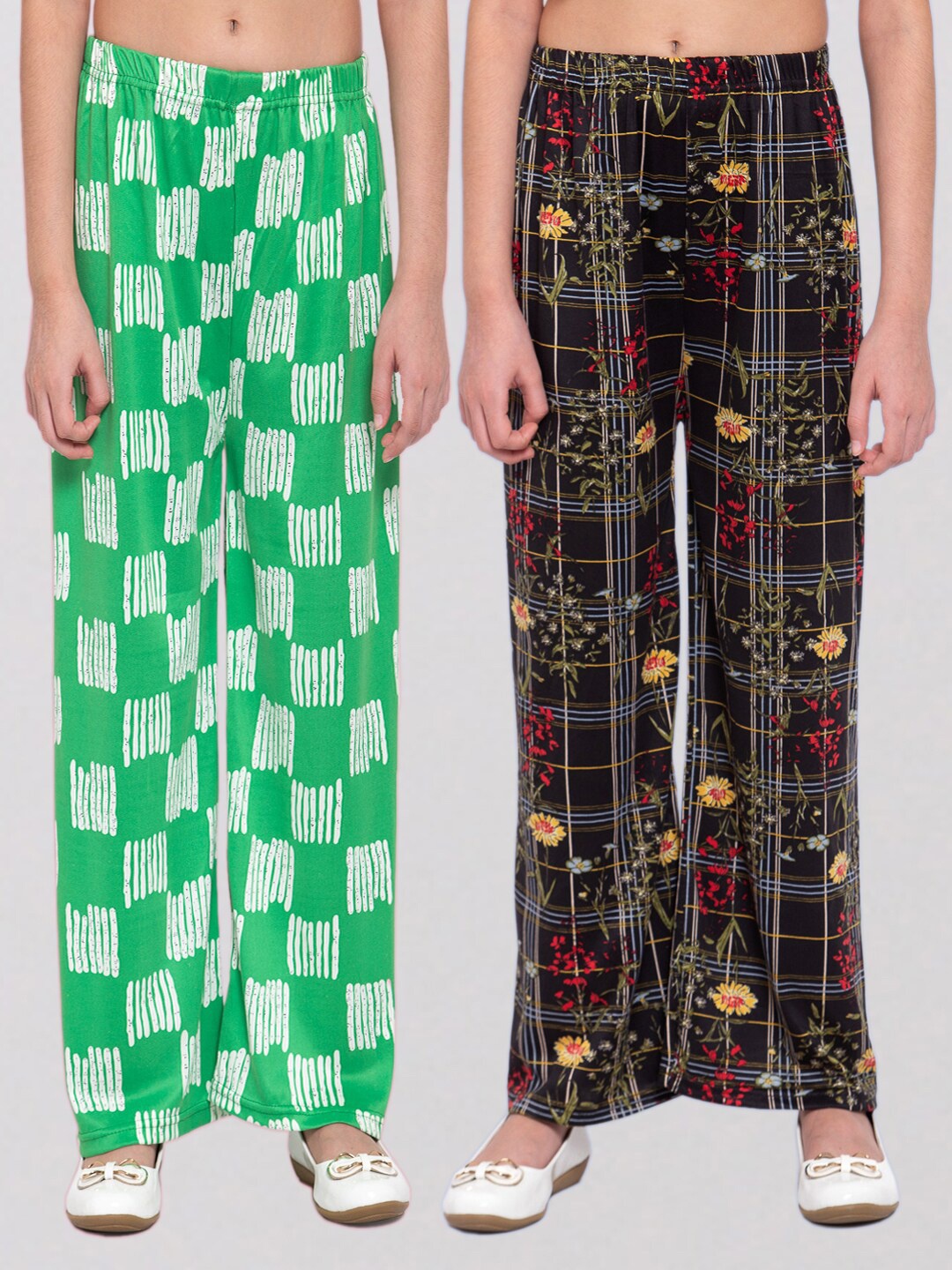 

KLOTTHE Girls Pack of 2 Black & Green Printed Wide Leg Palazzos