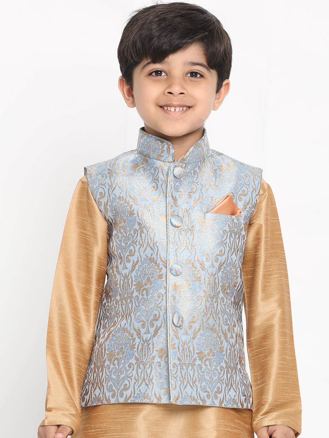 

VASTRAMAY Boys Grey & Gold-Coloured Woven Design Slim-Fit Nehru Jacket
