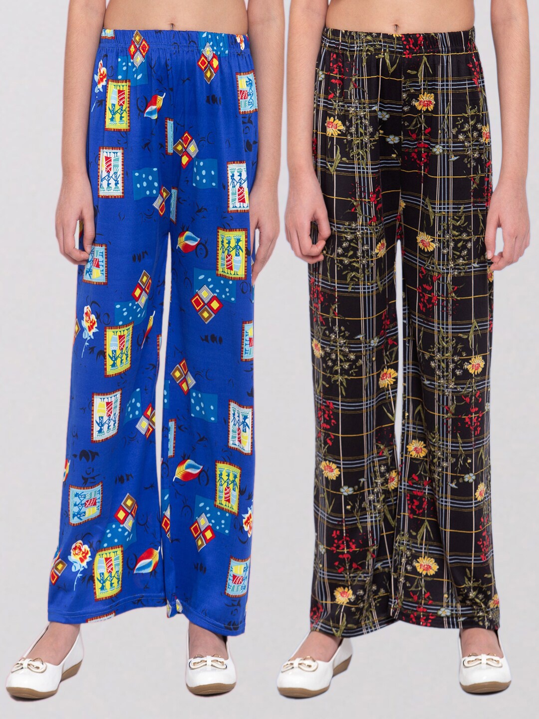 

KLOTTHE Girls Pack of 2 Blue & Black Floral Printed Wide Leg Palazzos