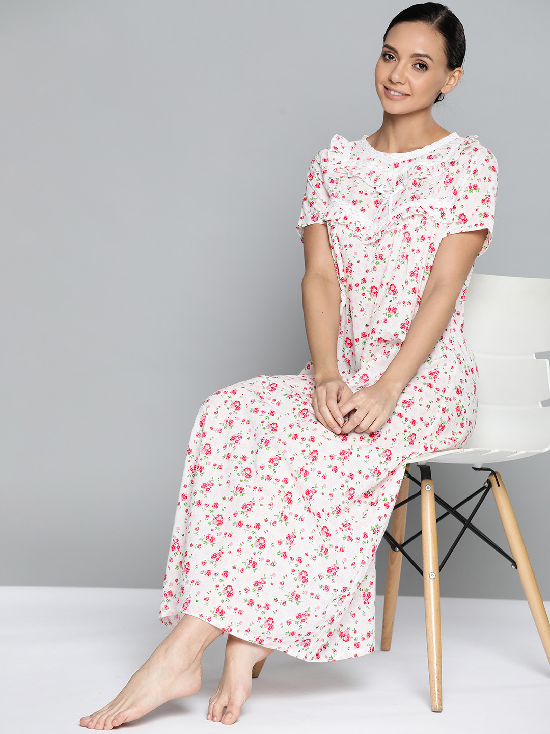 

HERE&NOW White & Red Printed Pure Cotton Maxi Nightdress