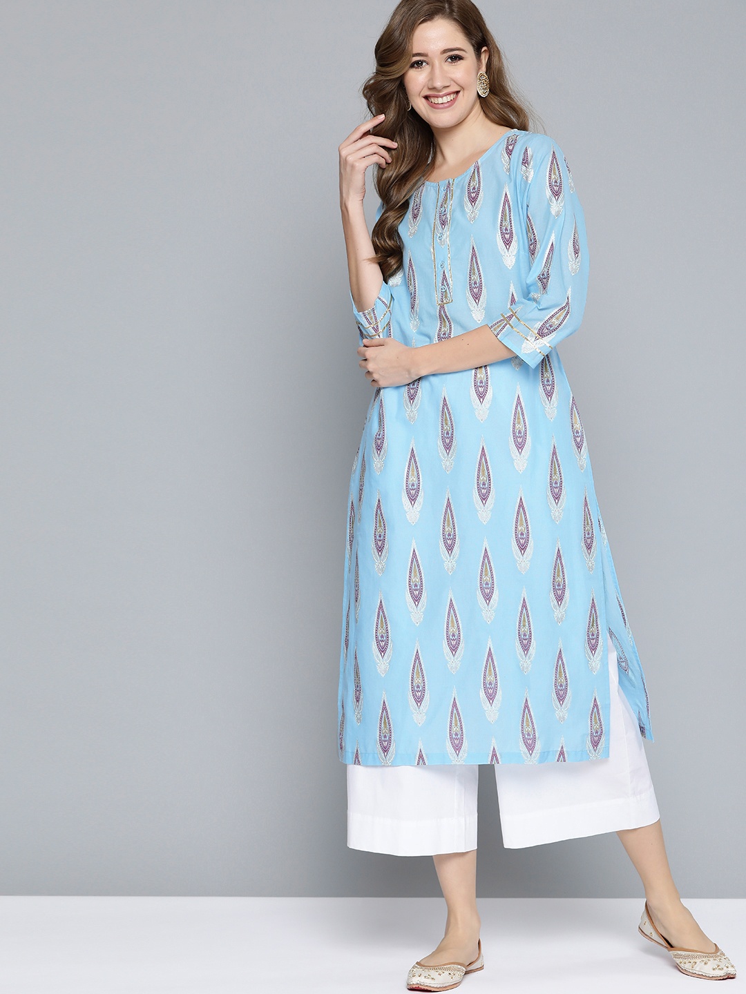 

HERE&NOW Women Blue & Purple Pure Cotton Ethnic Motifs Printed Straight Kurta