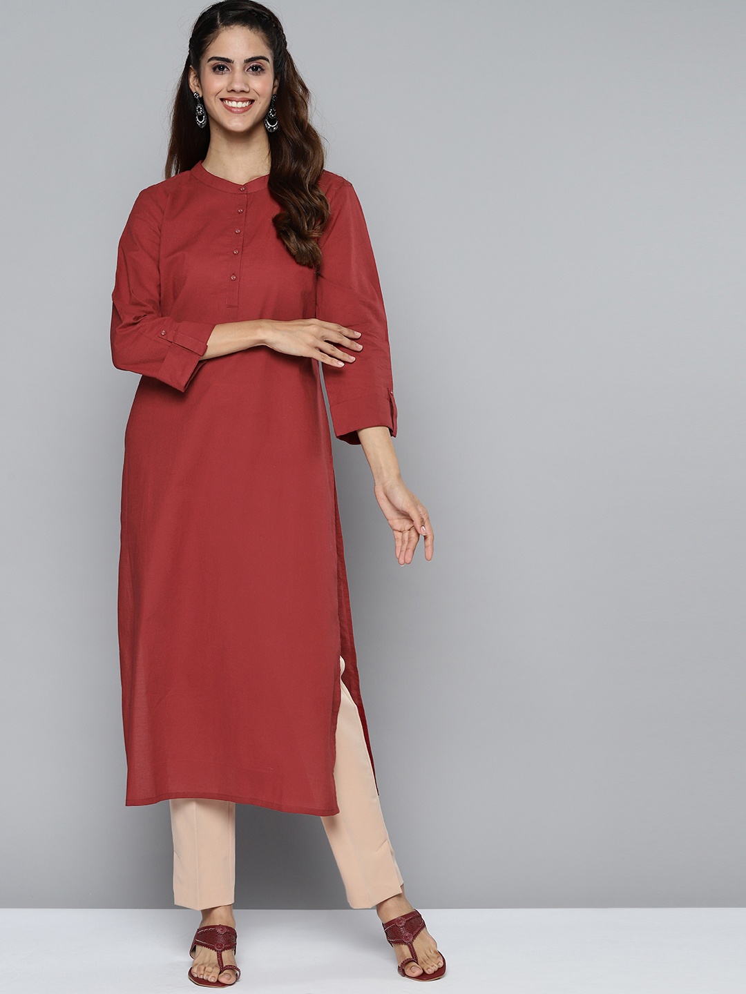 

HERE&NOW Women Maroon Pure Cotton Solid Straight Kurta