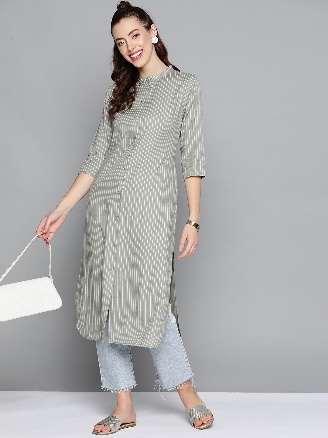 

HERE&NOW Women Olive Green & Off White Striped Kurta