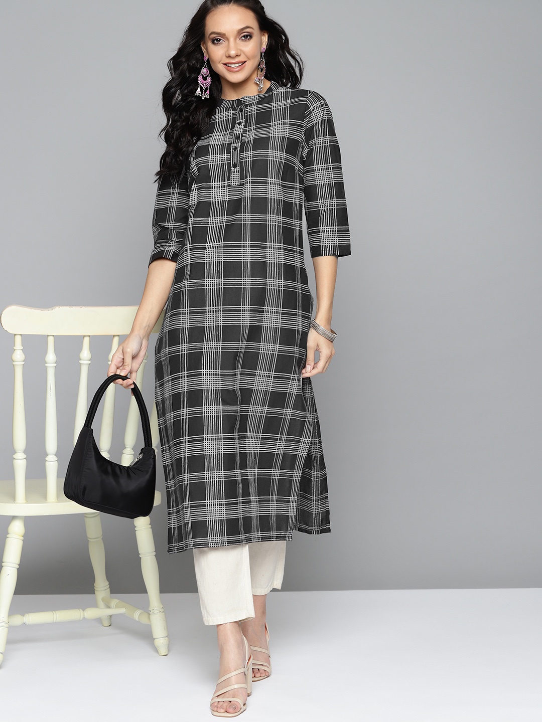 

HERE&NOW Women Black & Grey Checked Pure Cotton Kurta