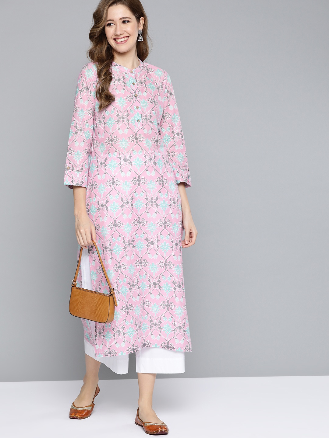 

HERE&NOW Women Pink & Green Pure Cotton Ethnic Motifs Printed Straight Kurta