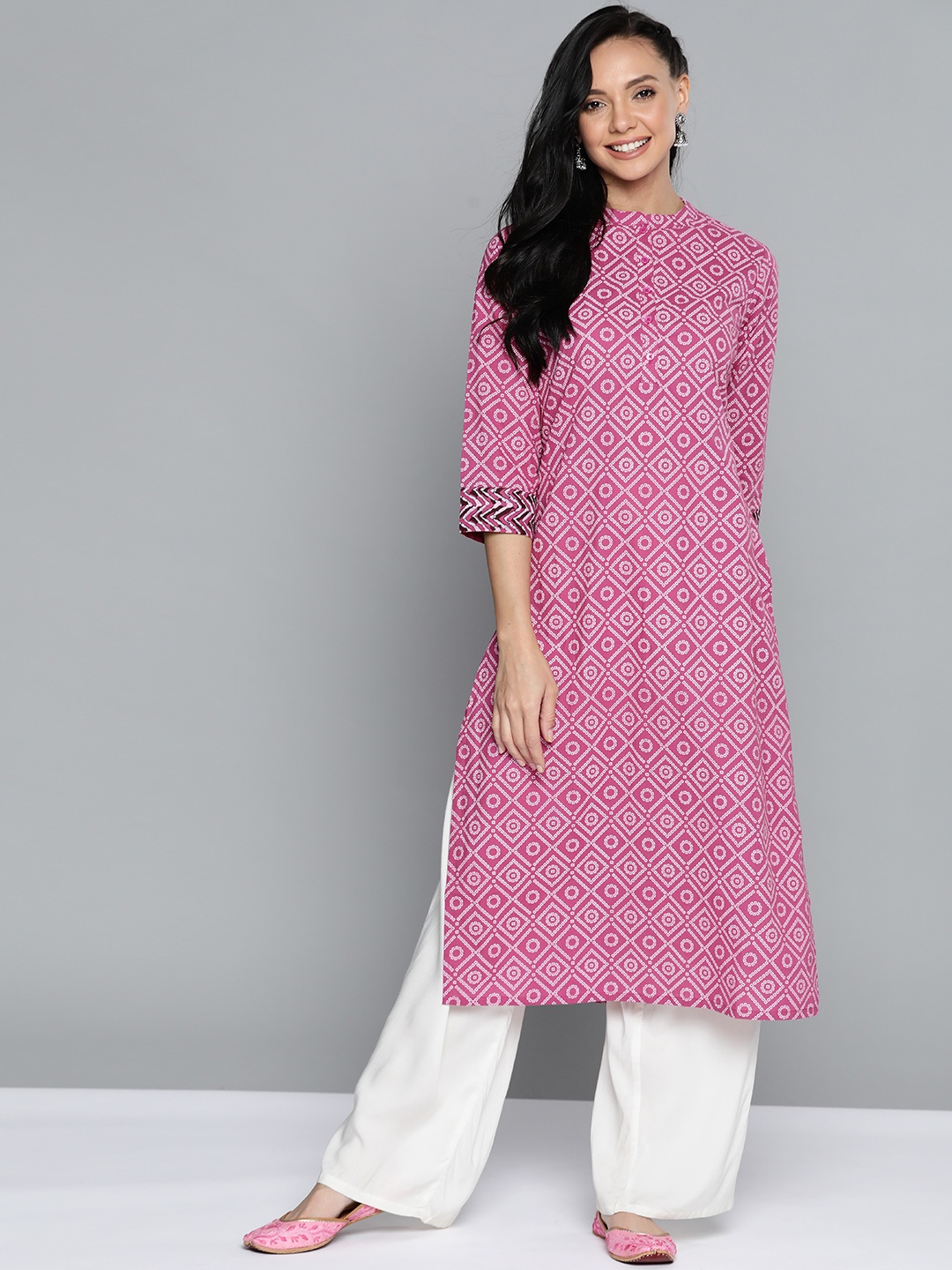 

HERE&NOW Women Pink & Off White Pure Cotton Ethnic Motifs Print Kurta