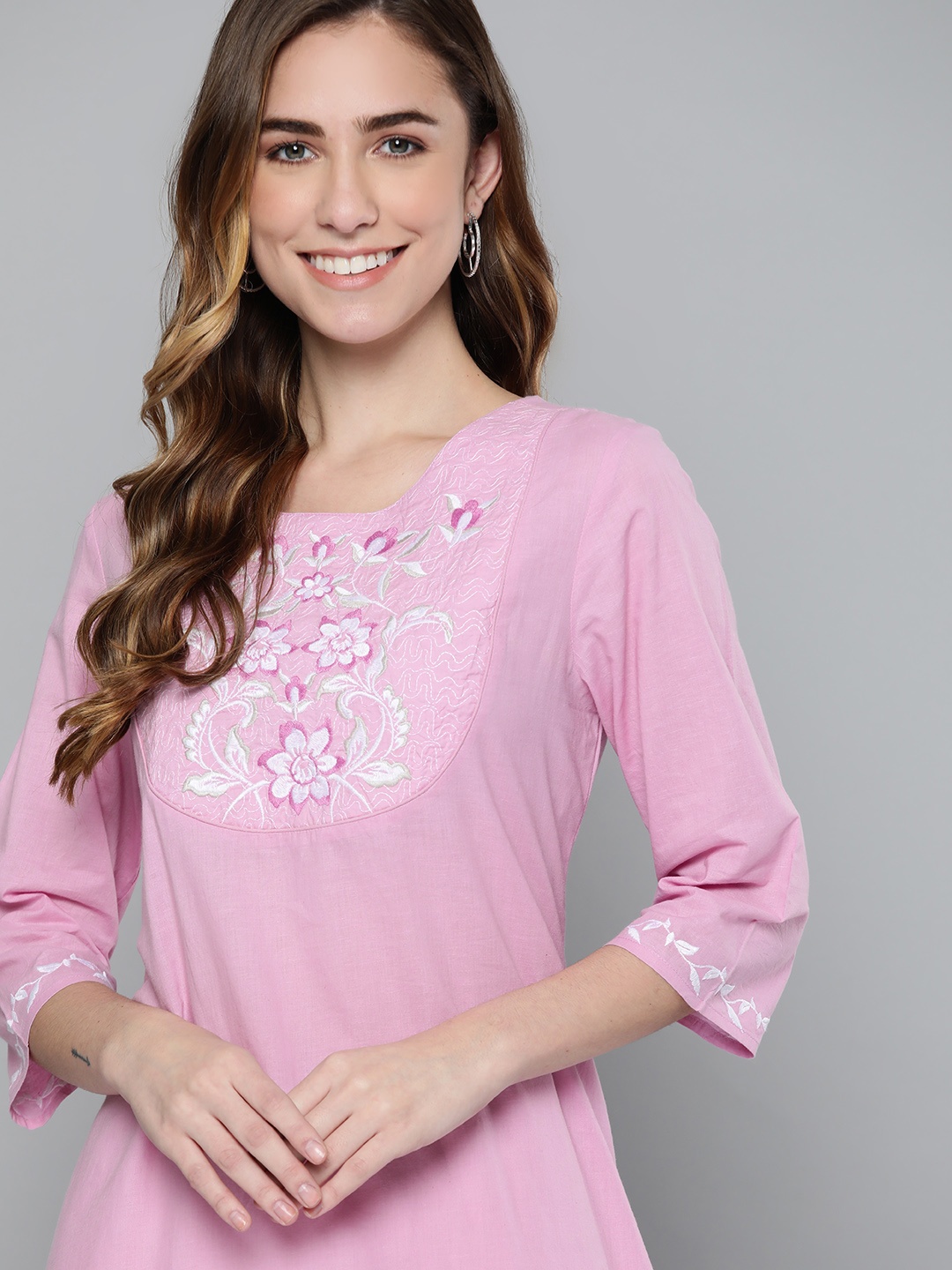 

HERE&NOW Women Pink Pure Cotton Yoke Design Kurta