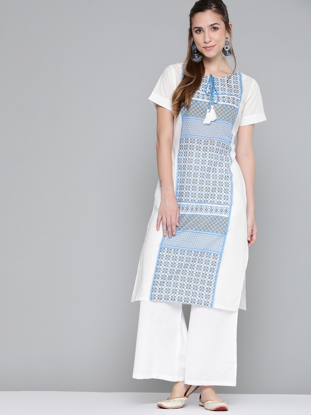 

HERE&NOW Women White & Blue Pure Cotton Ethnic Motifs Printed Kurta