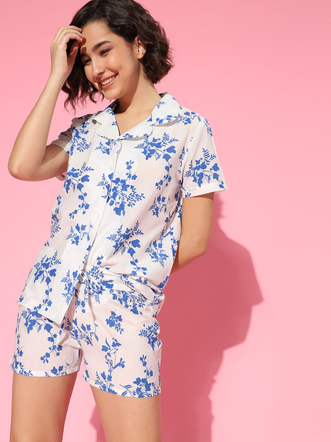 

HERE&NOW Women White & Blue Printed Cotton Night suit