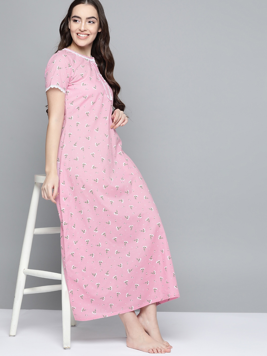

HERE&NOW Pink & Green Floral Print Cotton Maxi Nightdress