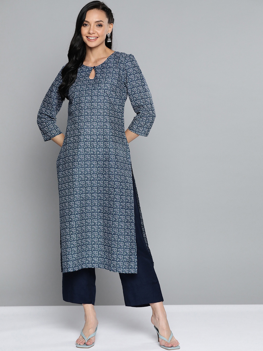 

HERE&NOW Women Navy Blue & Off White Pure Cotton Printed Keyhole Neck Kurta