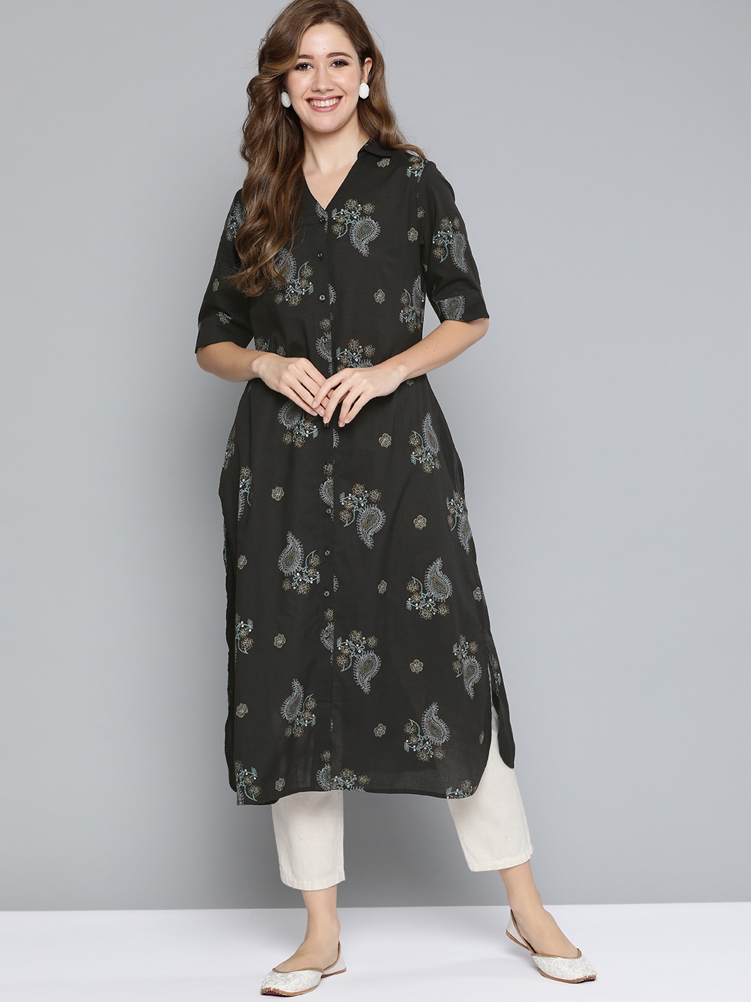 

HERE&NOW Women Black & Green Ethnic Motifs Print Cotton Kurta