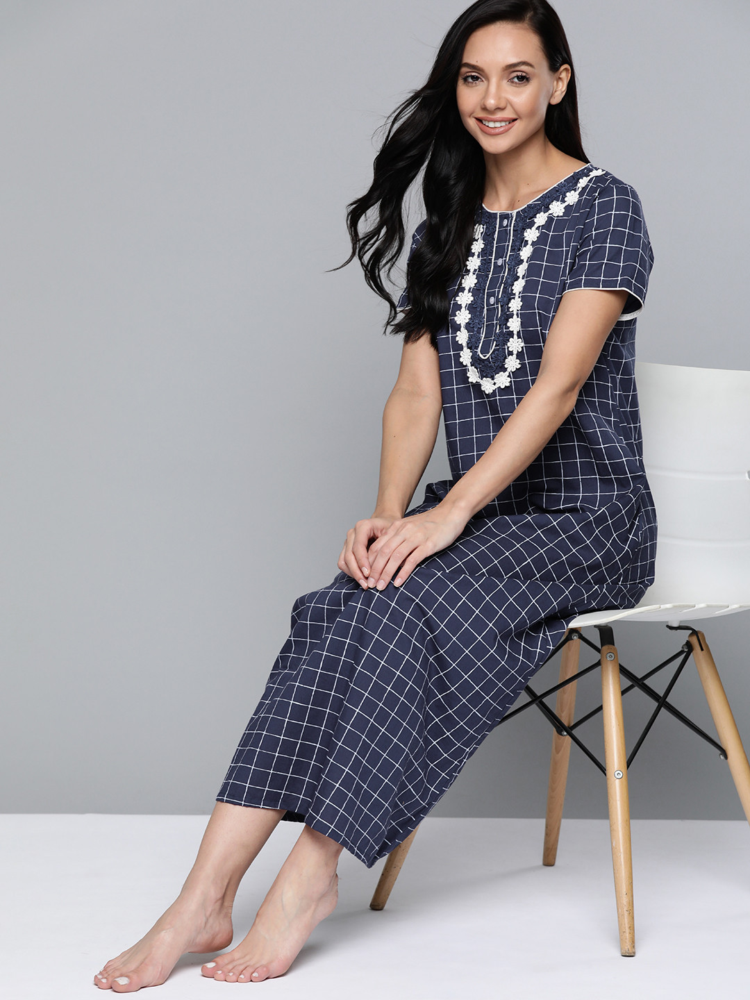 

HERE&NOW Navy Blue & White Checked Pure Cotton Maxi Nightdress