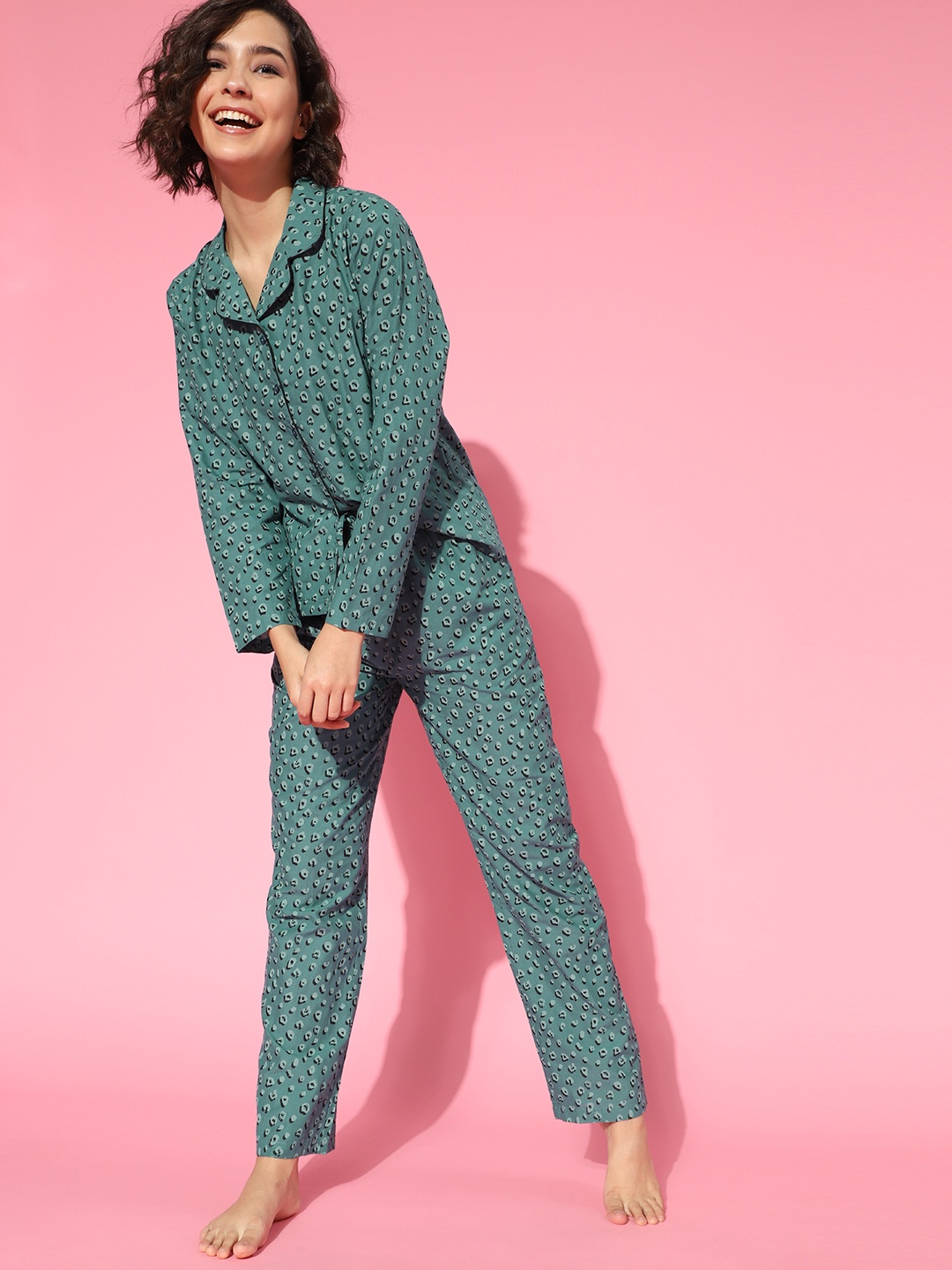 

HERE&NOW Women Green & Black Printed Pyjama Set