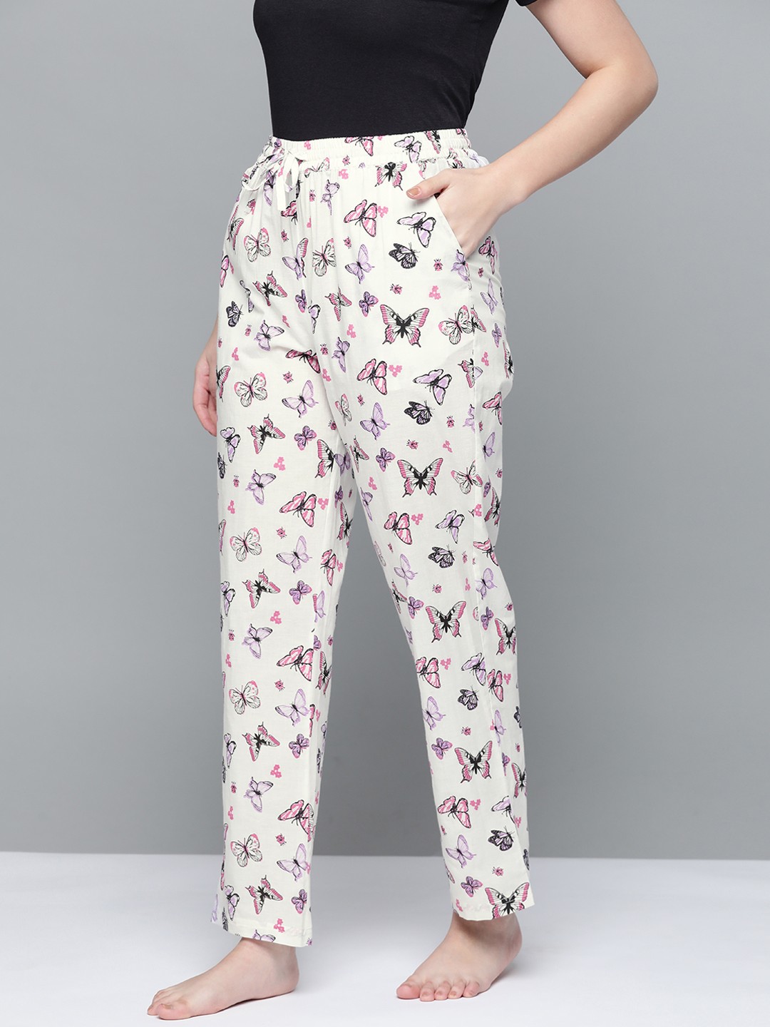 

HERE&NOW Women White & Pink Butterfly Print Cotton Lounge Pants