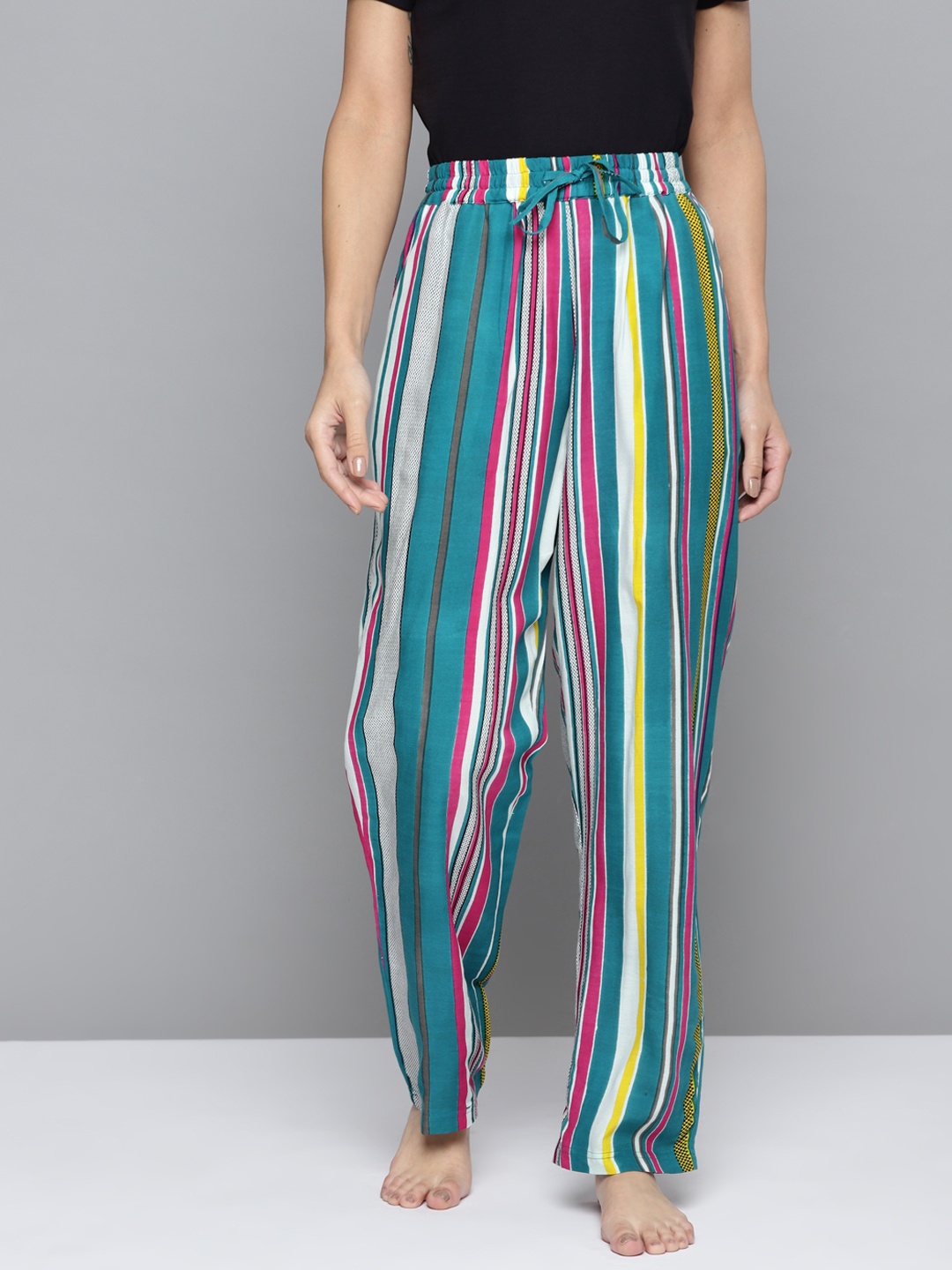 

HERE&NOW Women Green & White Striped Lounge Pants