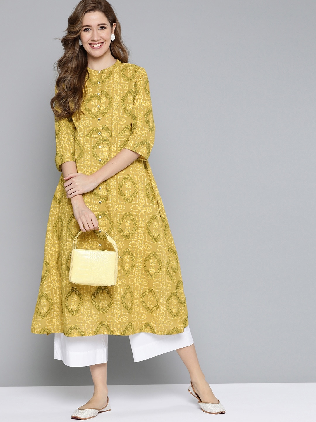 

HERE&NOW Women Mustard Yellow & Charcoal Grey Ethnic Motifs Print Cotton A-line Kurta
