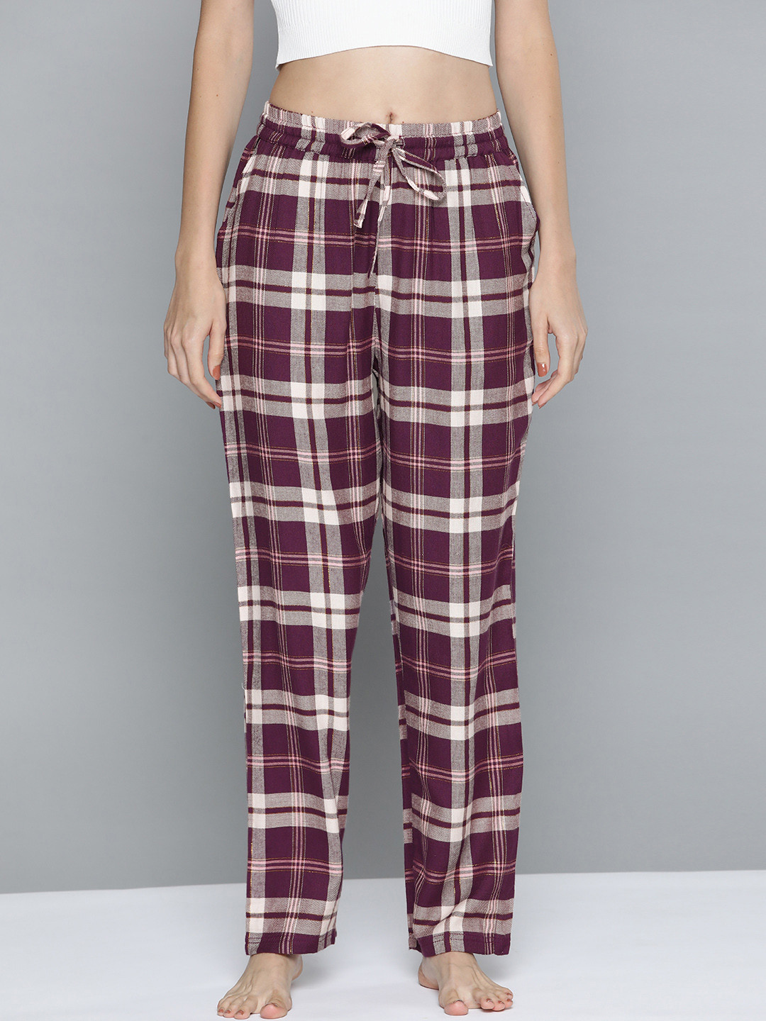 

HERE&NOW Women Burgundy & Off-White Checked Lounge Pants