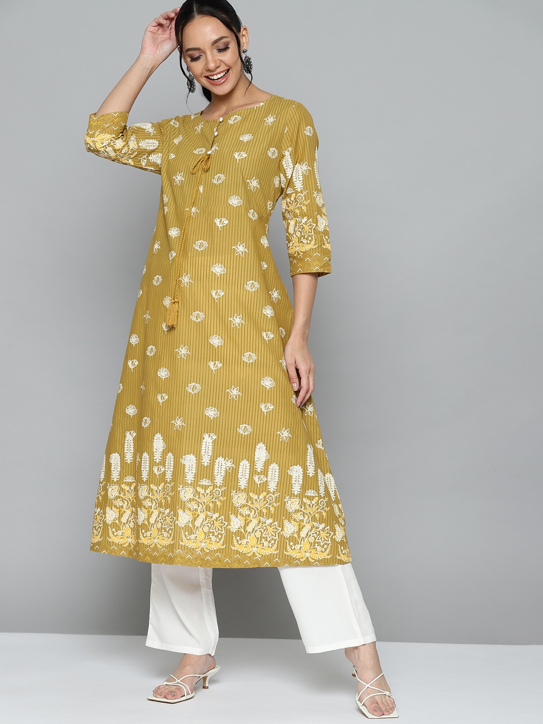 

HERE&NOW Women Mustard Yellow & Off White Pure Cotton Printed A-Line Kurta