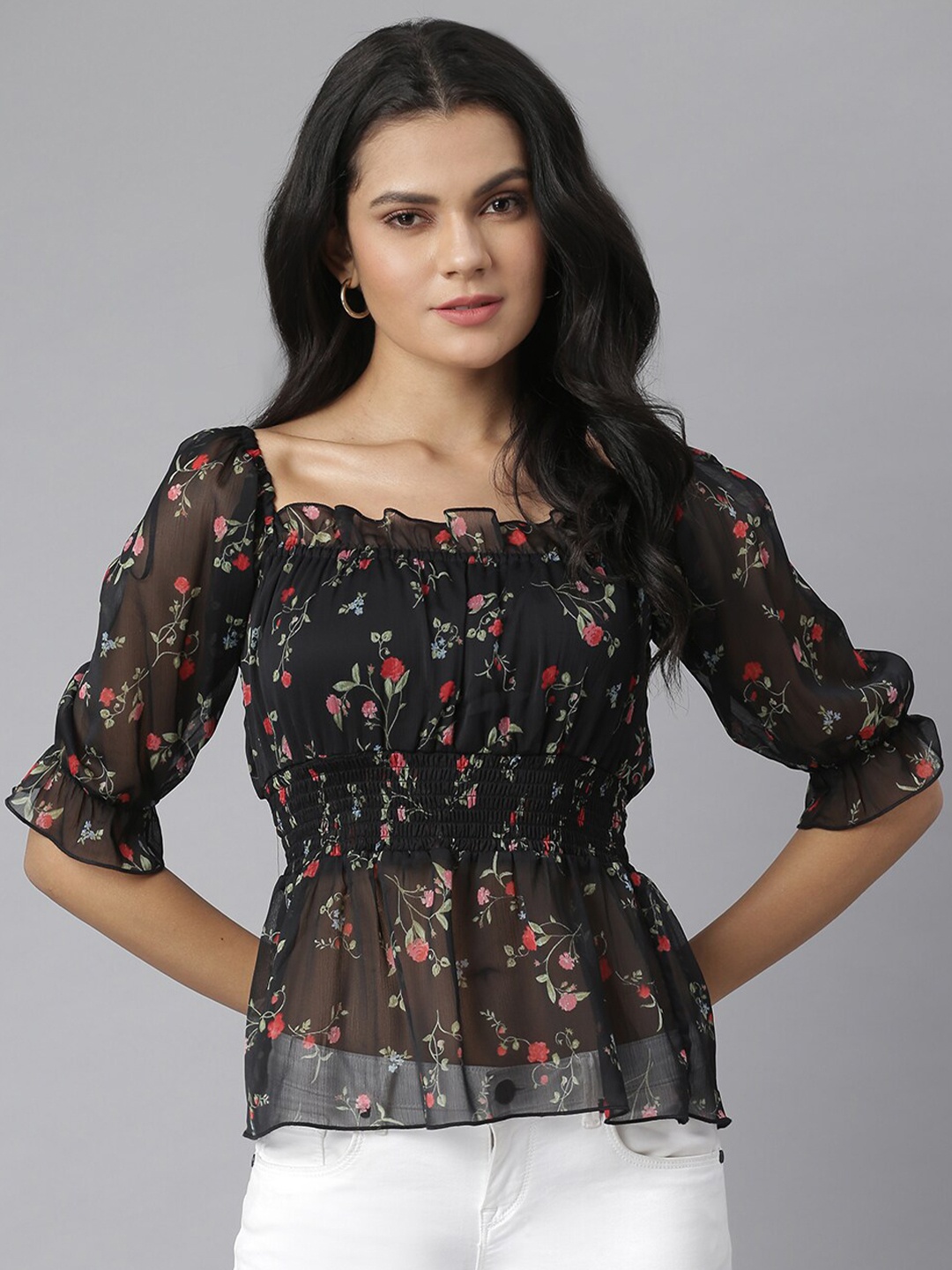 

KASSUALLY Black & Red Floral Georgette Cinched Waist Top