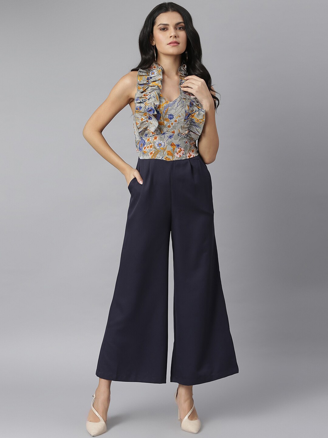 

KASSUALLY Grey & Navy Blue Floral Printed Culotte Jumpsuit with Ruffles