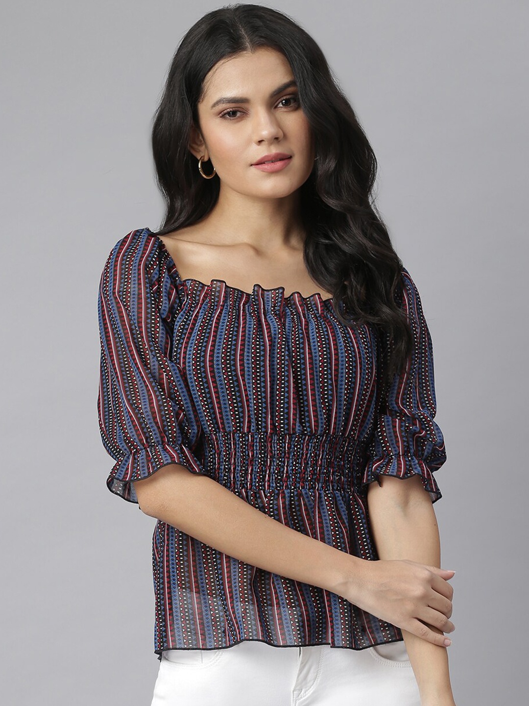 

KASSUALLY Black & Blue Striped Georgette Cinched Waist Top