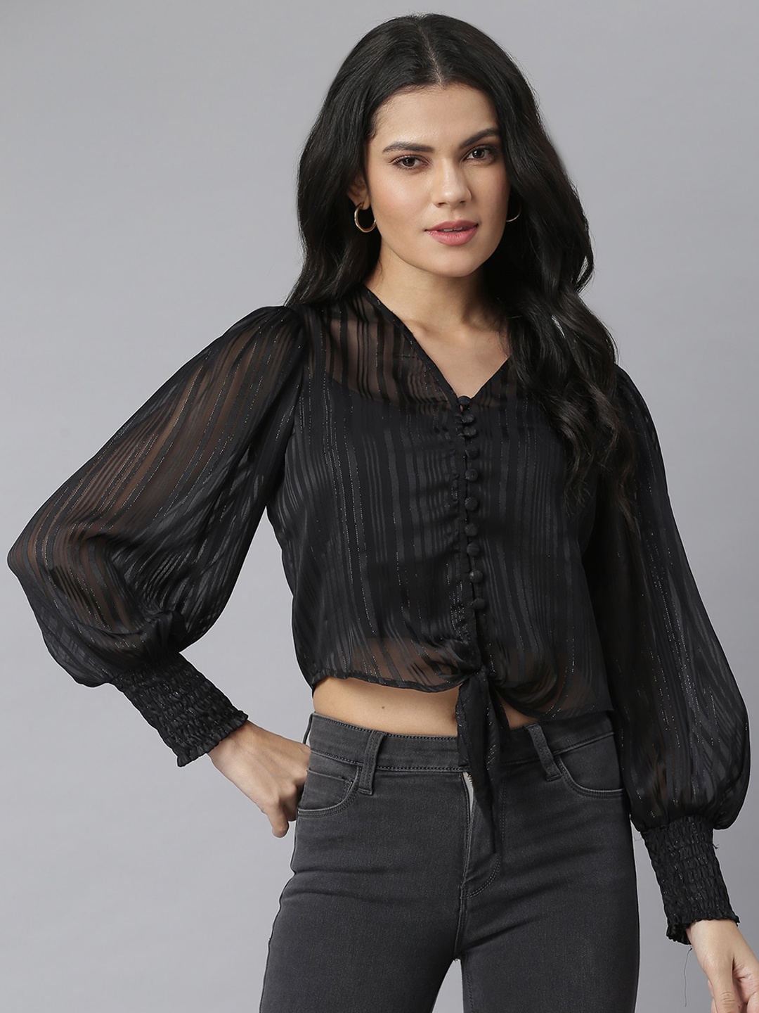 

KASSUALLY Black Bishop Sleeves Georgette Shirt Style Crop Top
