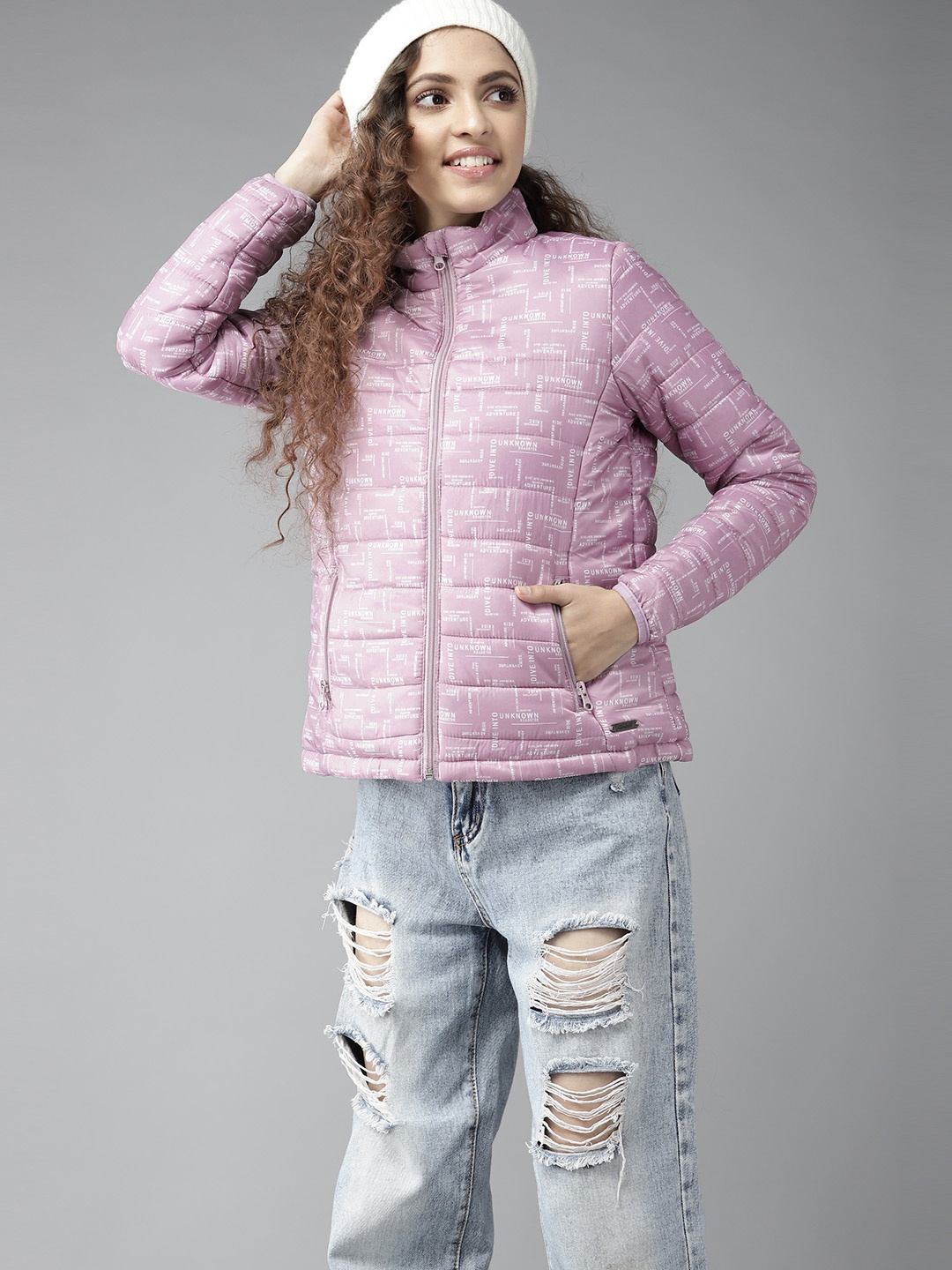 

UTH by Roadster Girls Lavender & White Typography Print Padded Jacket