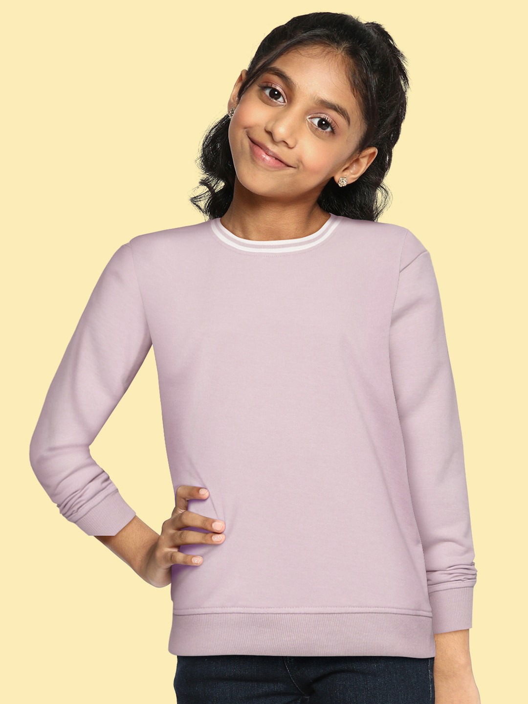 

UTH by Roadster Girls Lavender & White Solid Pure Cotton Sweatshirt