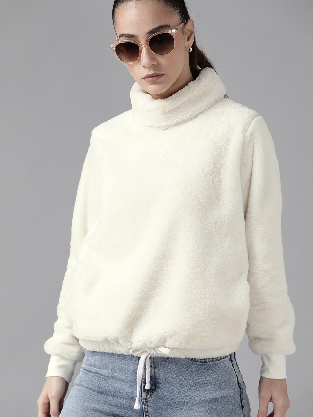 

Roadster Women White Solid Faux Fur Sweatshirt