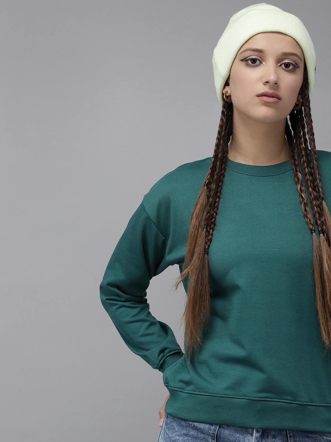 

UTH by Roadster Girls Teal Green Cotton Solid Sweatshirt