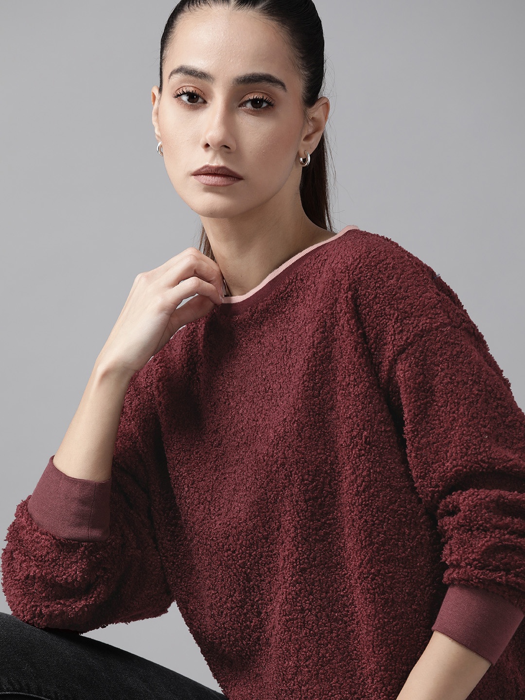 

Roadster Women Burgundy Sherpa Drop Shoulder Sweatshirt