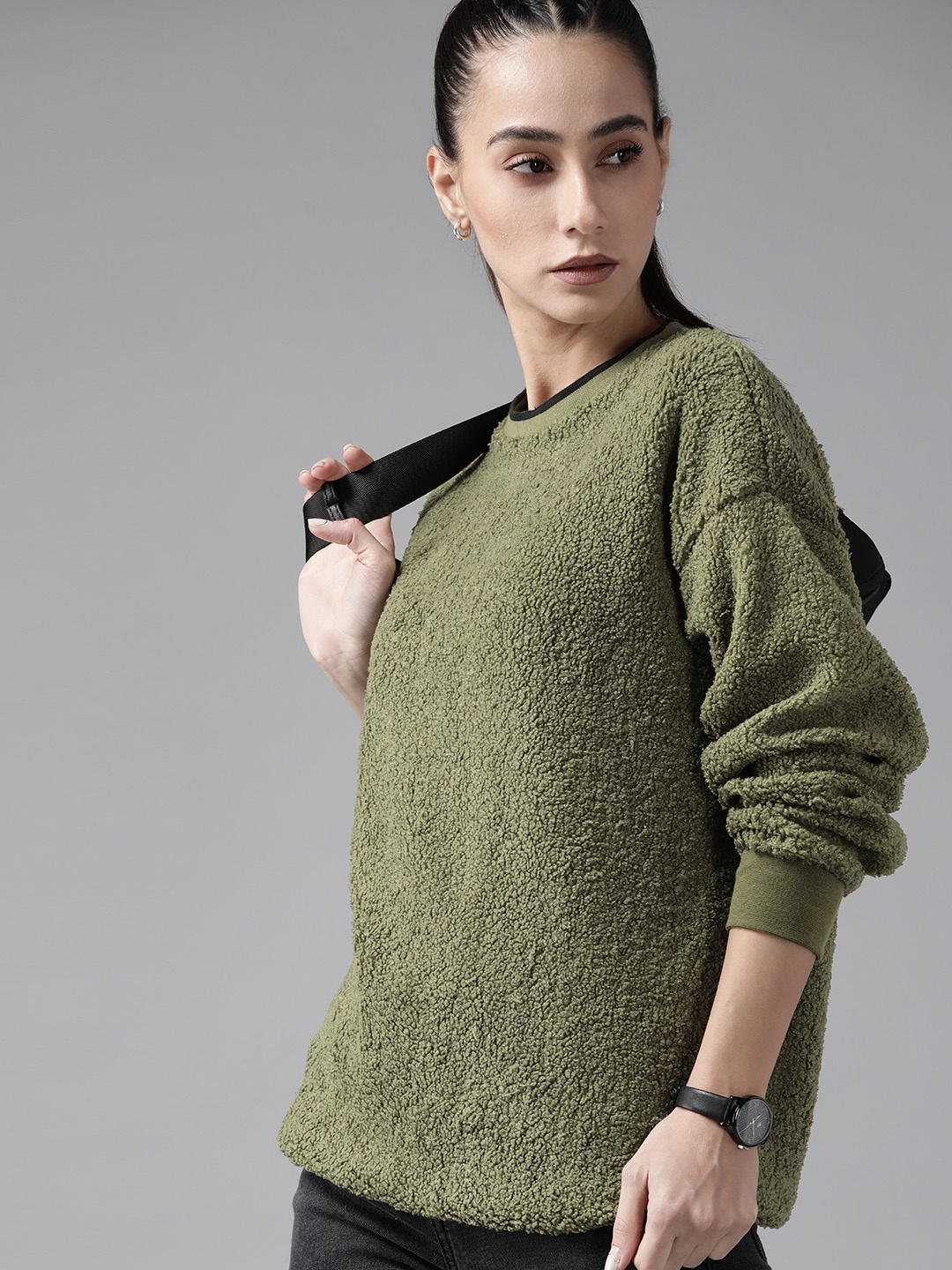 

Roadster Women Olive Green Sherpa Drop Shoulder Sweatshirt