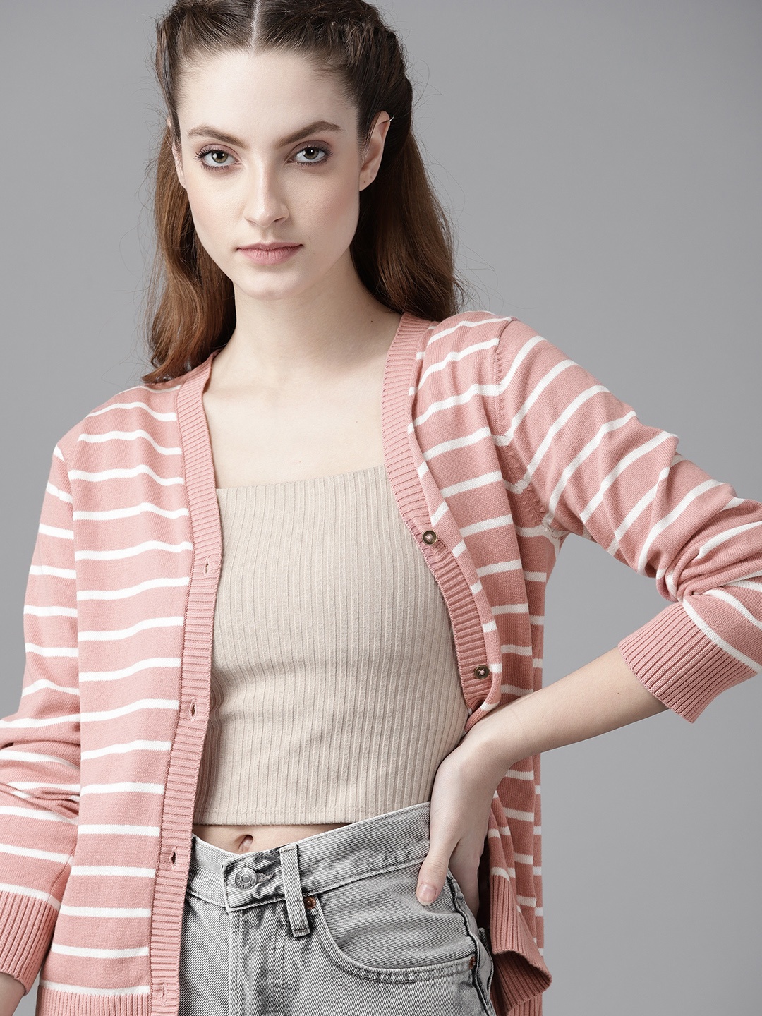 

Roadster Women Pink & White Striped Pure Cotton Cardigan