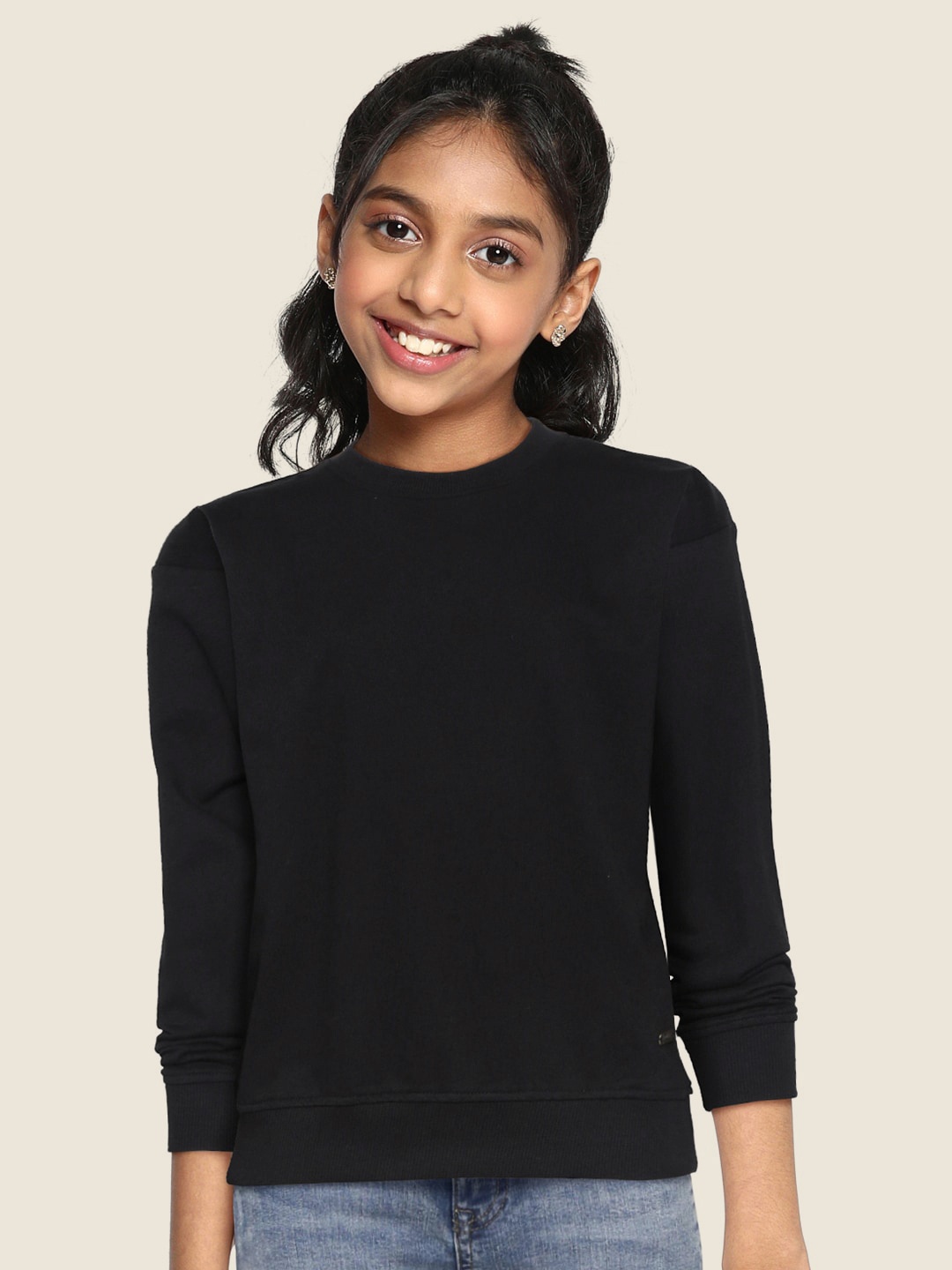 

UTH by Roadster Girls Black Pure Cotton Solid Sweatshirt
