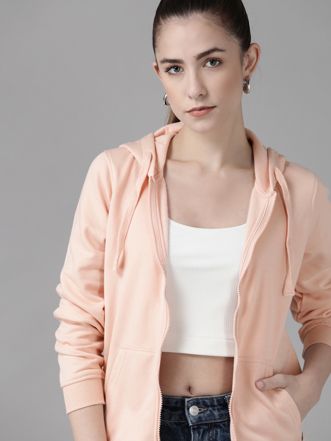 

Roadster Women Peach-Coloured Solid Hooded Sweatshirt