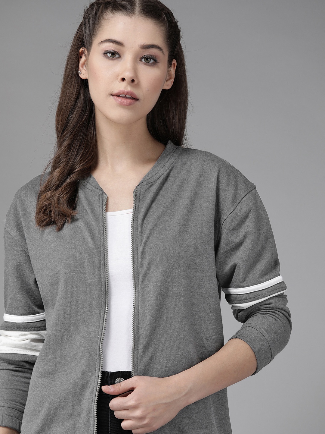 

Roadster Women Grey Pure Cotton Solid Sweatshirt