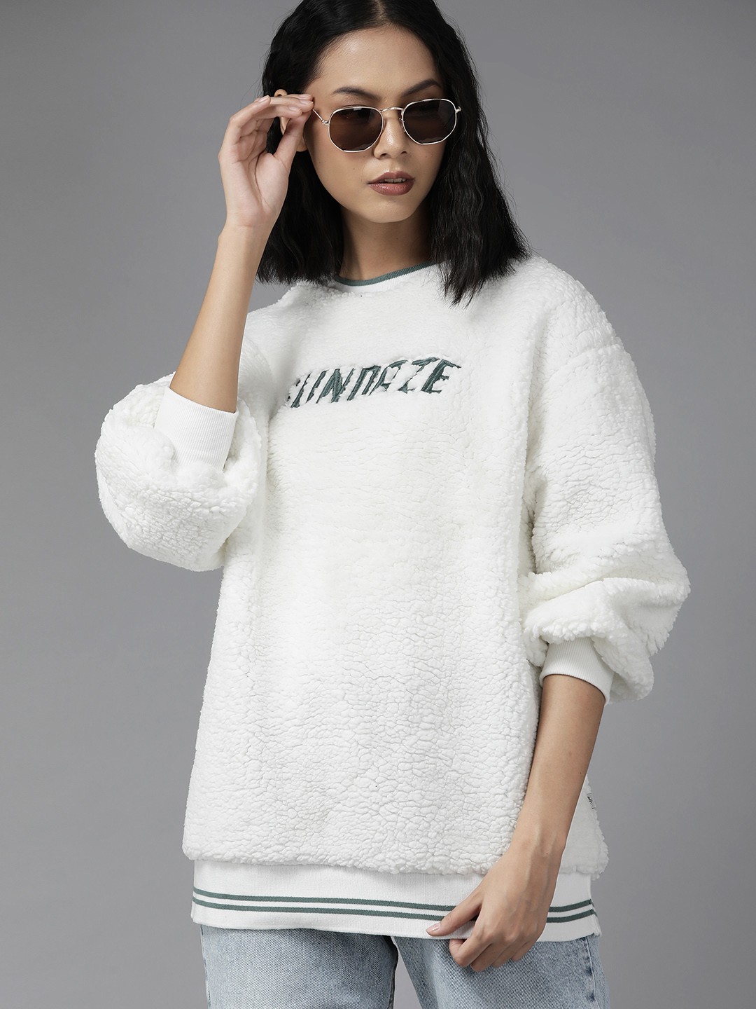 

The Roadster Lifestyle Co. Women White Embroidered Sherpa Sweatshirt