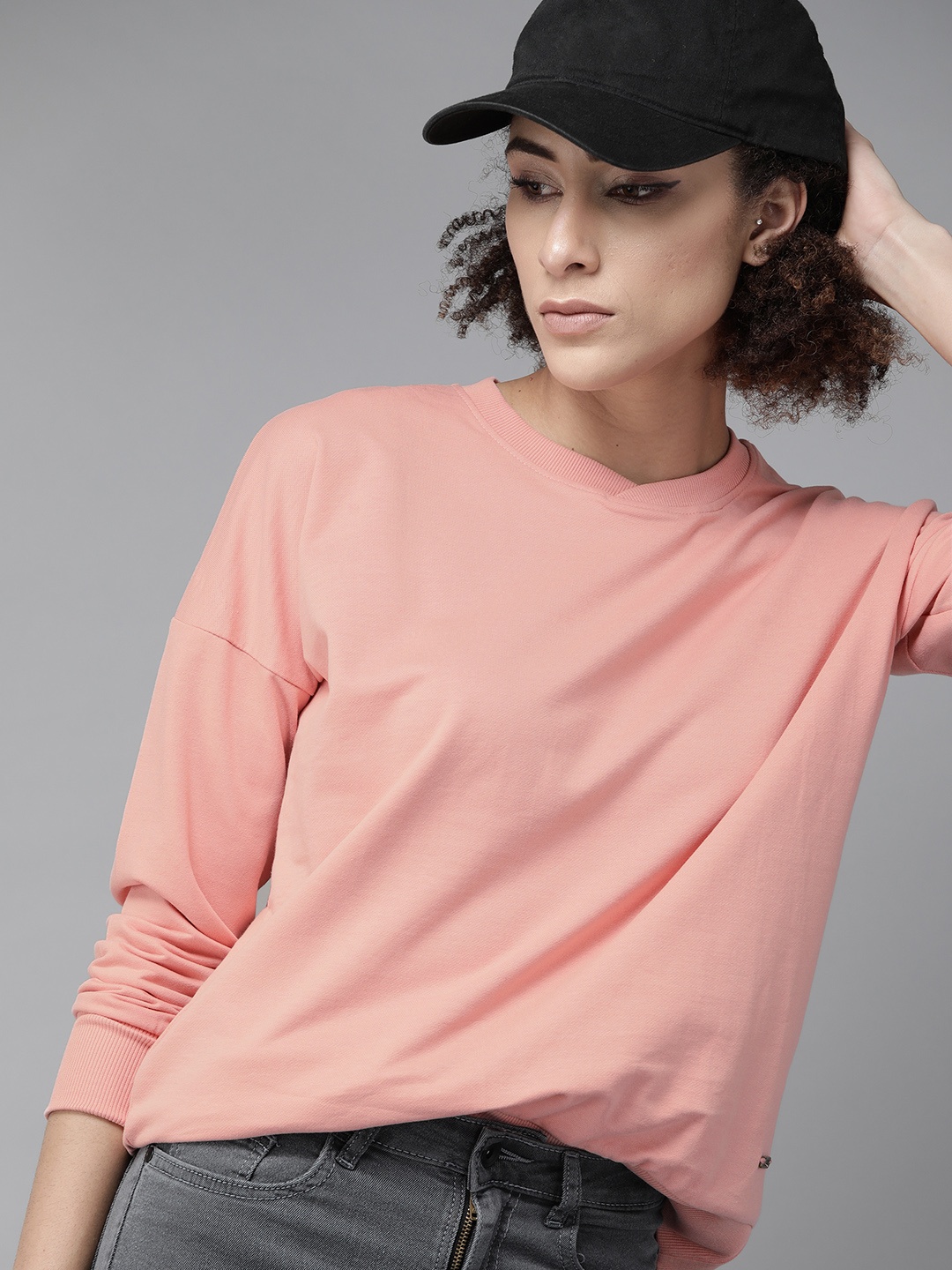 

Roadster Women Pink Pure Cotton Solid Sweatshirt