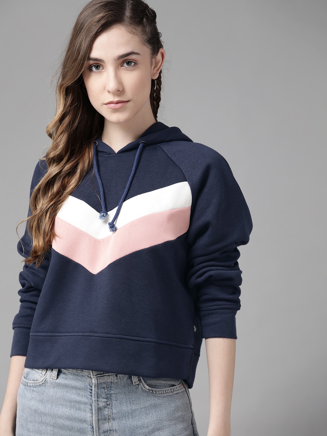 

Roadster Women Navy Blue & White Striped Hooded Sweatshirt