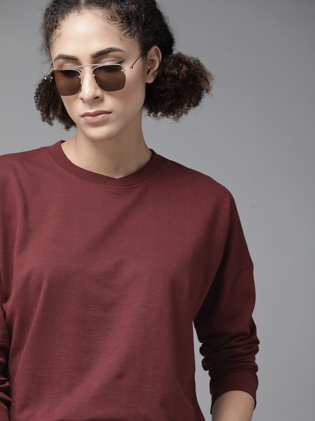 

Roadster Women Maroon Pure Cotton Solid Sweatshirt