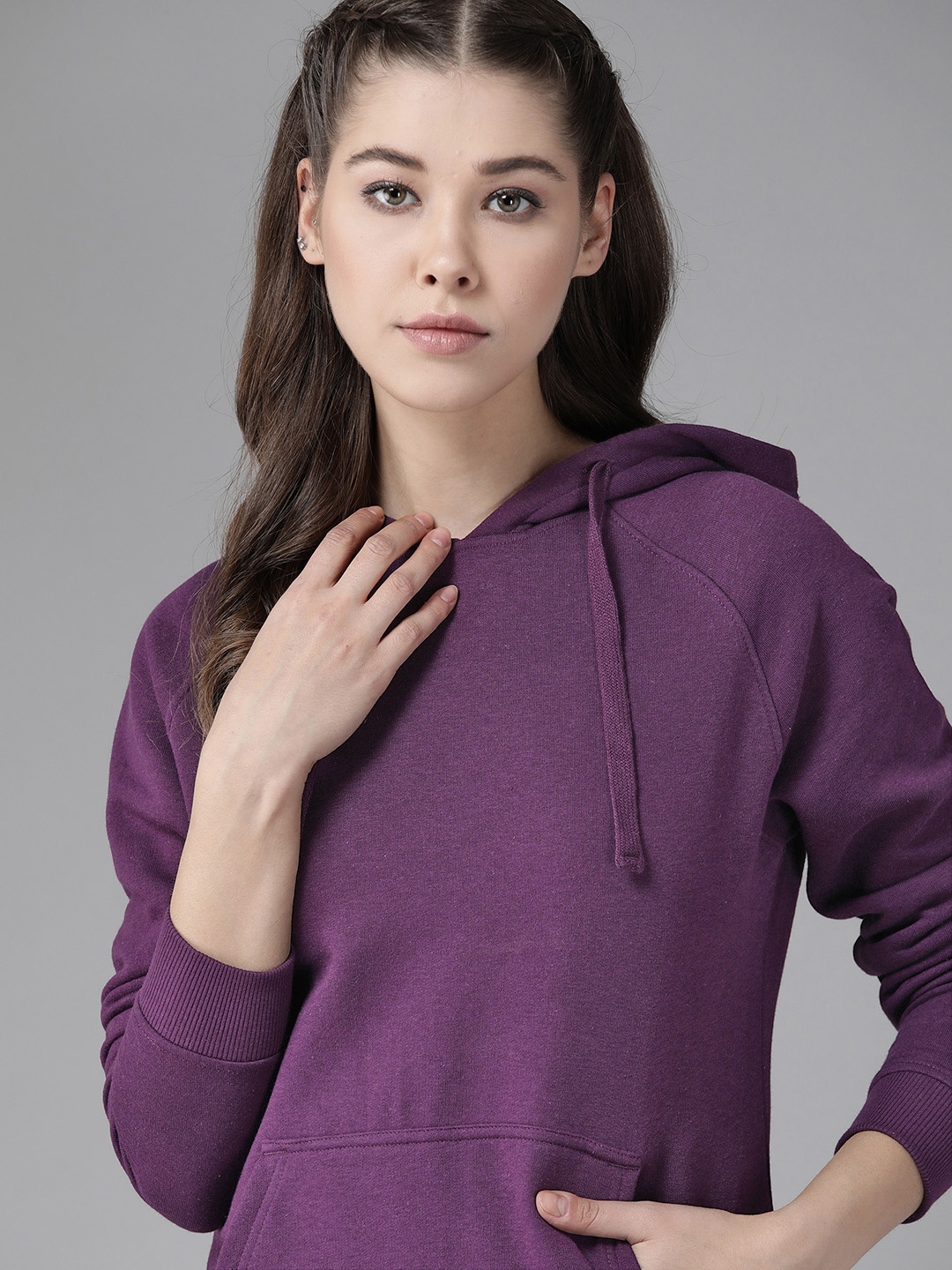 Roadster Women Purple Solid Hooded Sweatshirt