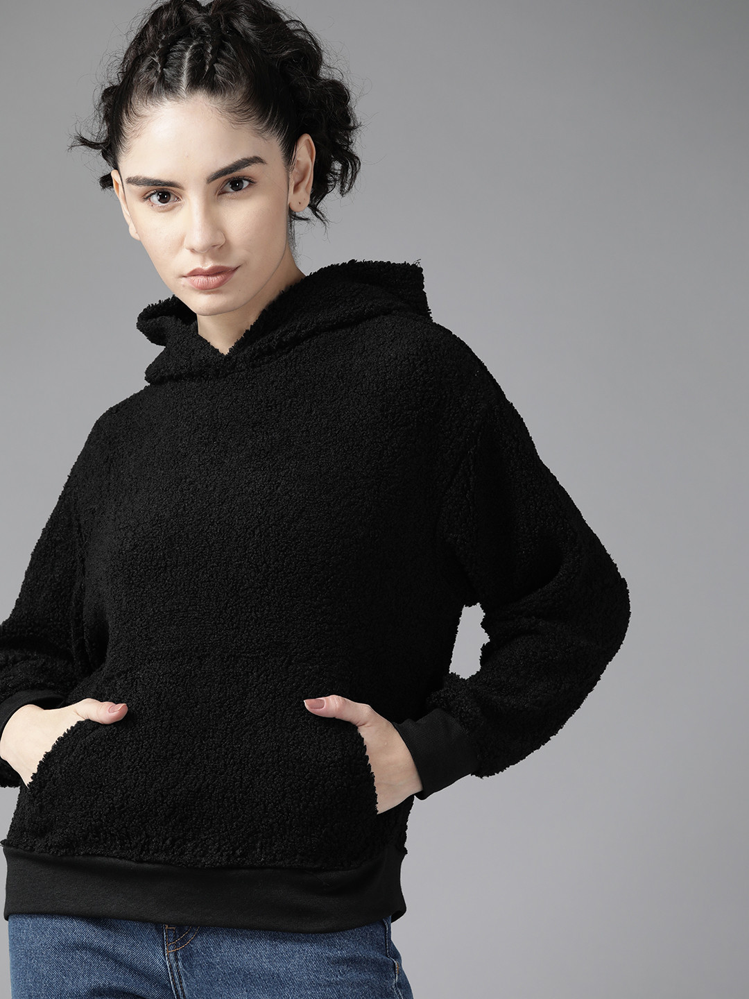 

Roadster Women Black Solid Hooded Sherpa Sweatshirt