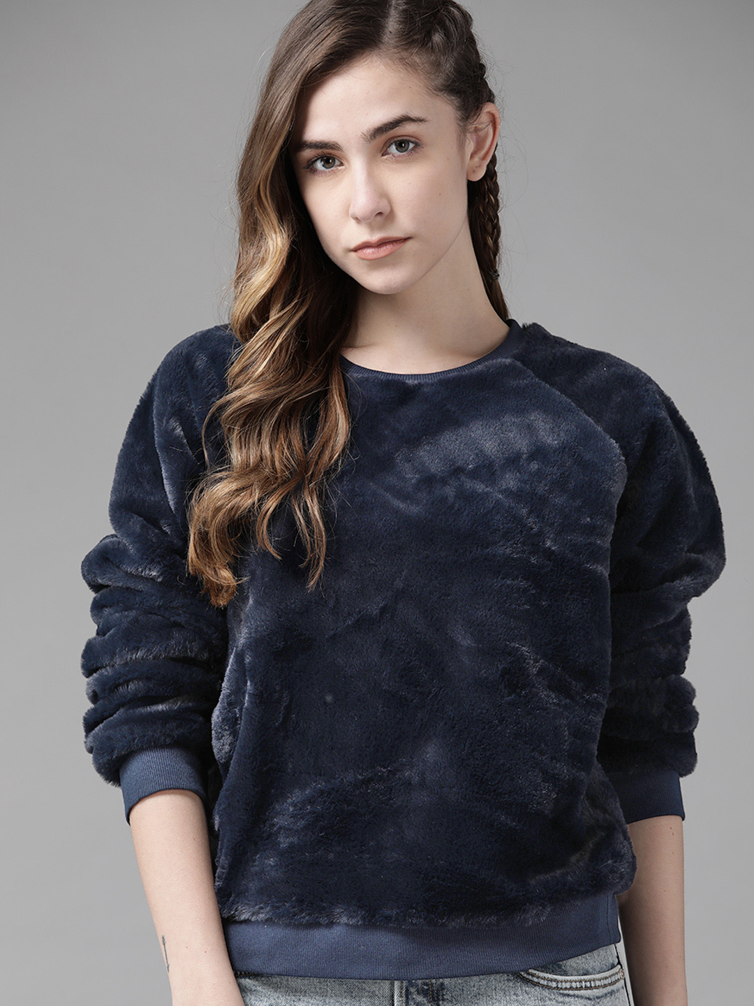 

Roadster Women Navy Blue Solid Faux Fur Sweatshirt