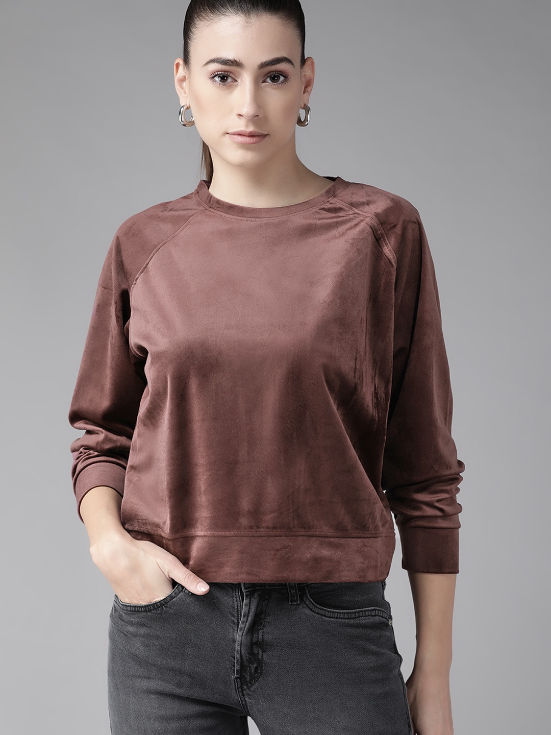 

Roadster Women Burgundy Solid Velour Sweatshirt