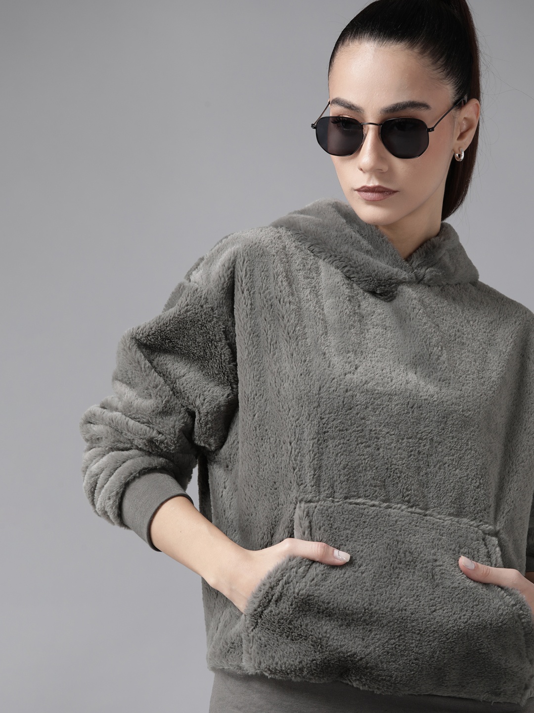 

Roadster Women Green Hooded Fur Faux Detail Sweatshirt