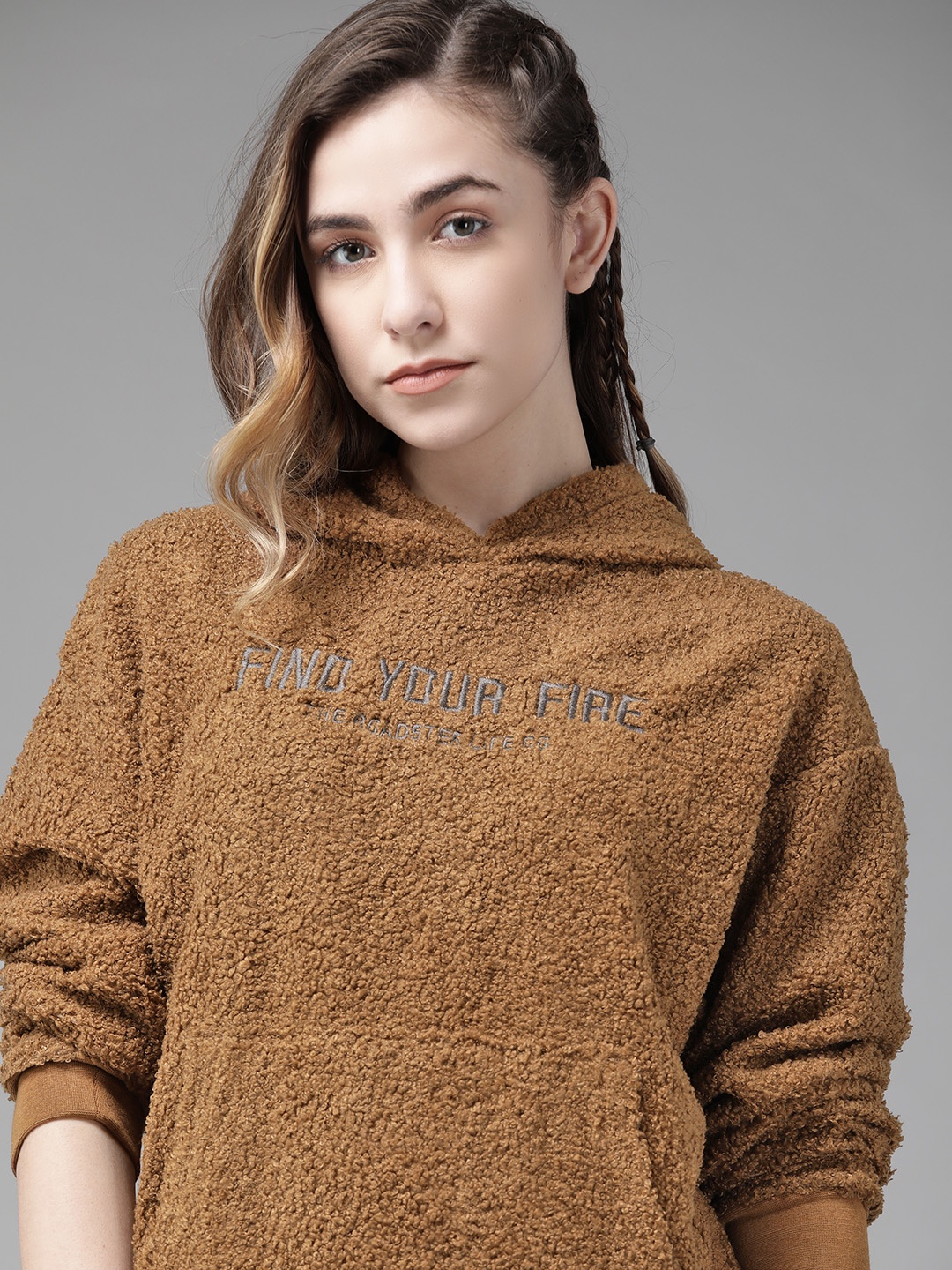 

Roadster Women Brown Hooded Boucle Sweatshirt